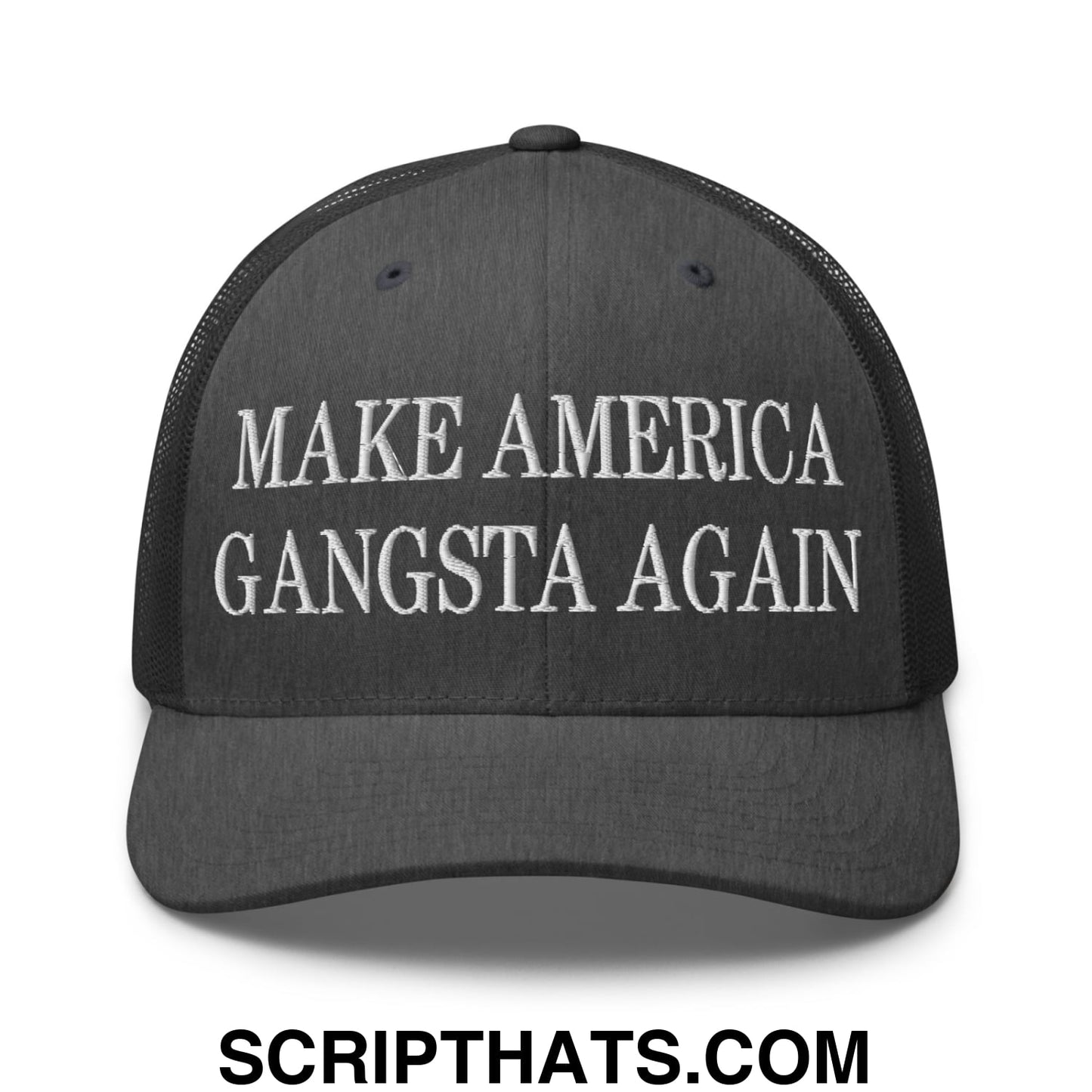 Black mesh trucker hat with white embroidered make america gangsta again text for casual wear