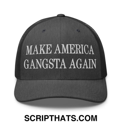 Black mesh trucker hat with white embroidered make america gangsta again text for casual wear