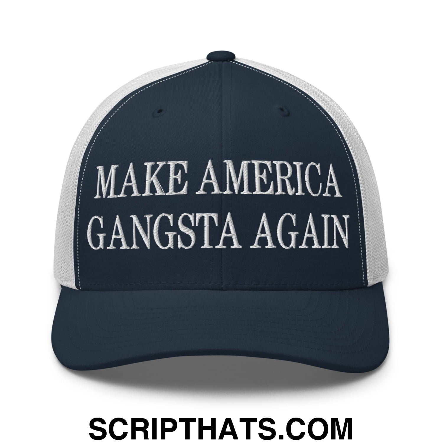Dark blue and white mesh trucker hat with embroidered make america gangsta again text in bold capital letters