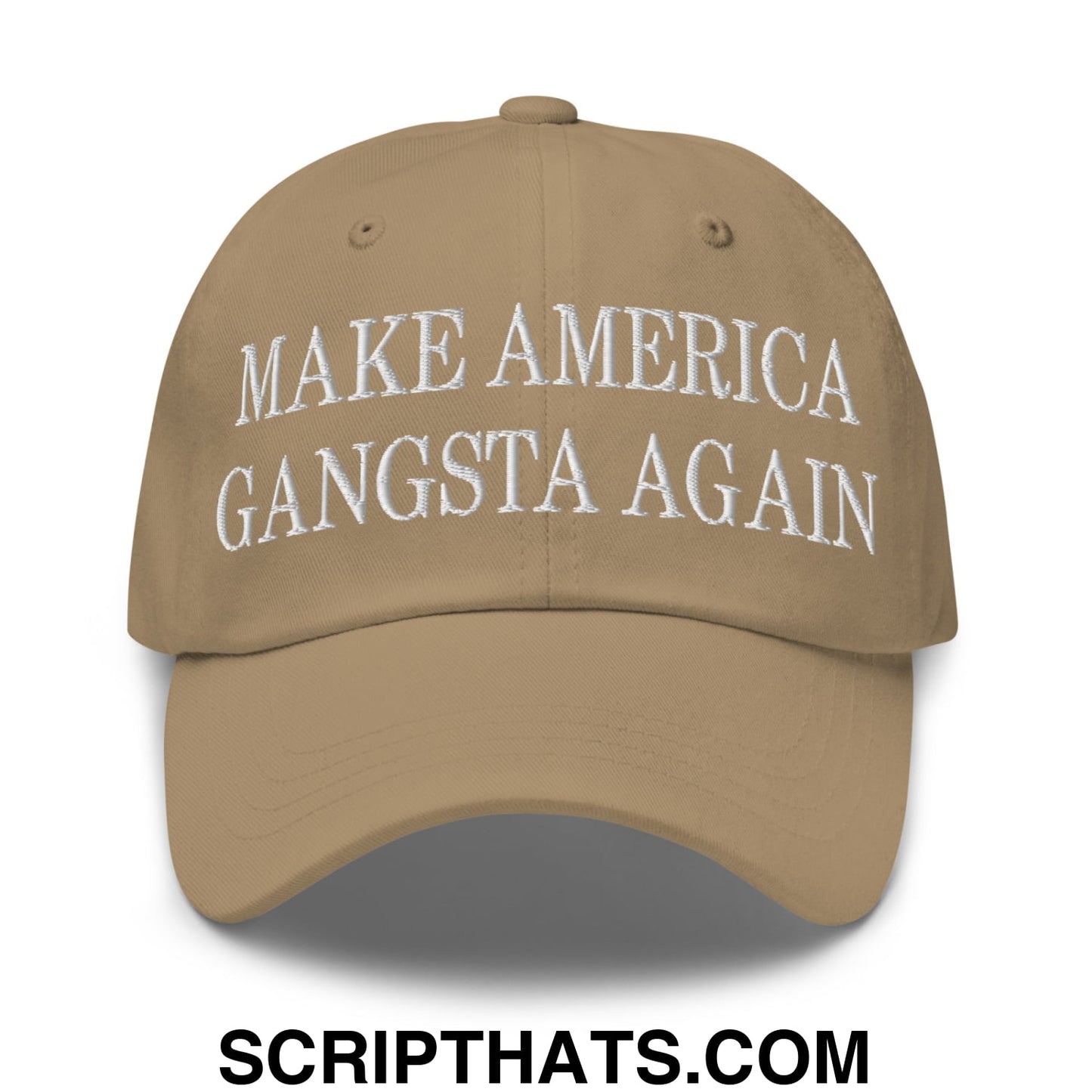 Tan unstructured dad hat with white embroidered make america gangsta again text for casual wear