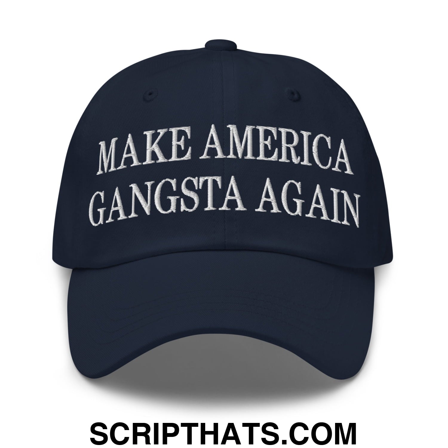 Navy blue unstructured dad hat with white embroidered make america gangsta again text for casual wear