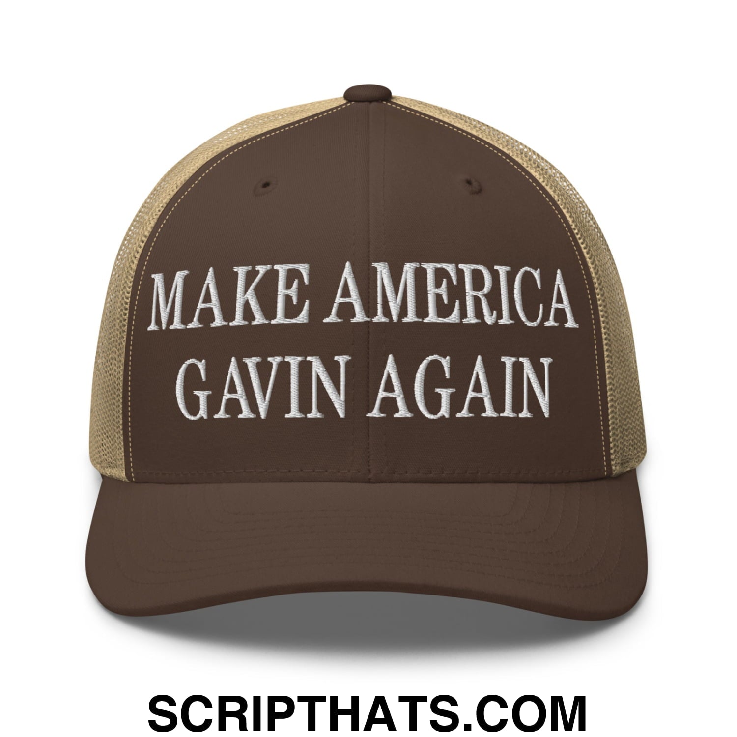 Make America Gavin Again Embroidered Mesh Trucker Hat Brown Khaki