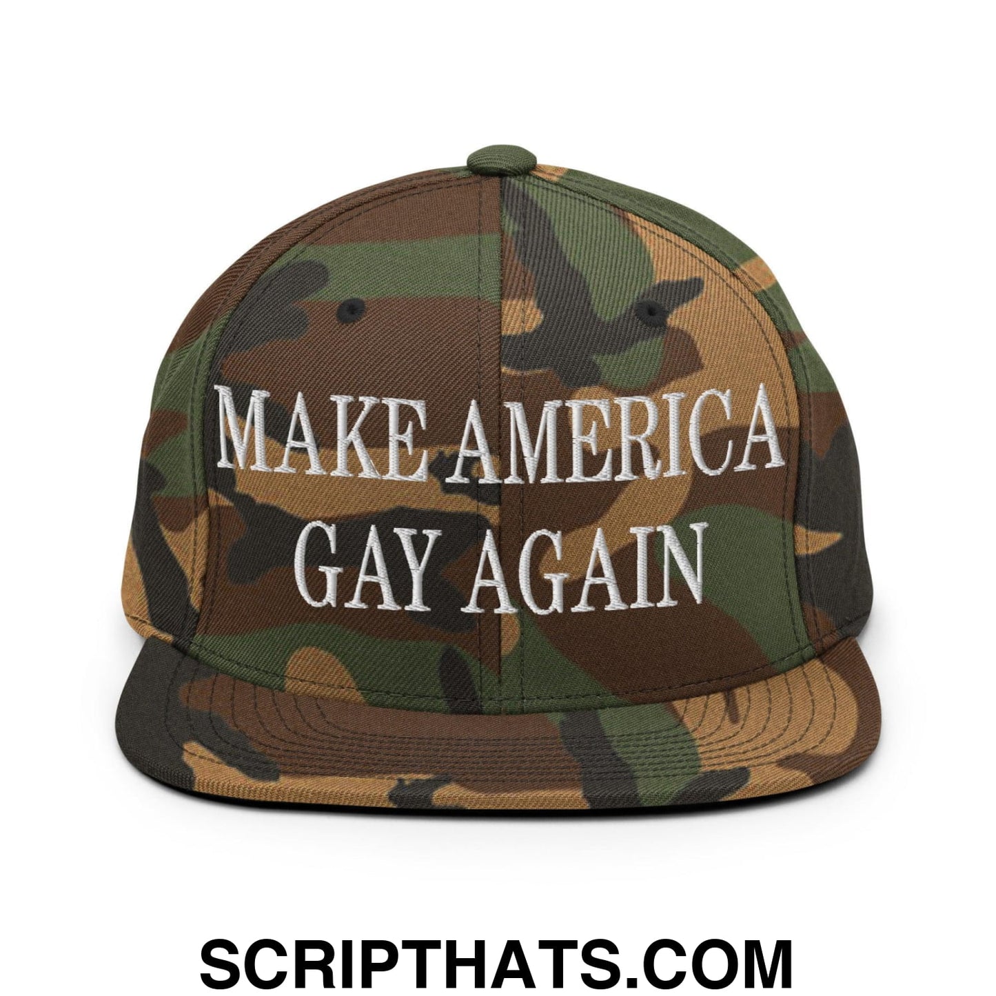 Make America Gay Again Embroidered Flat Bill Brim Snapback Hat Green Camo