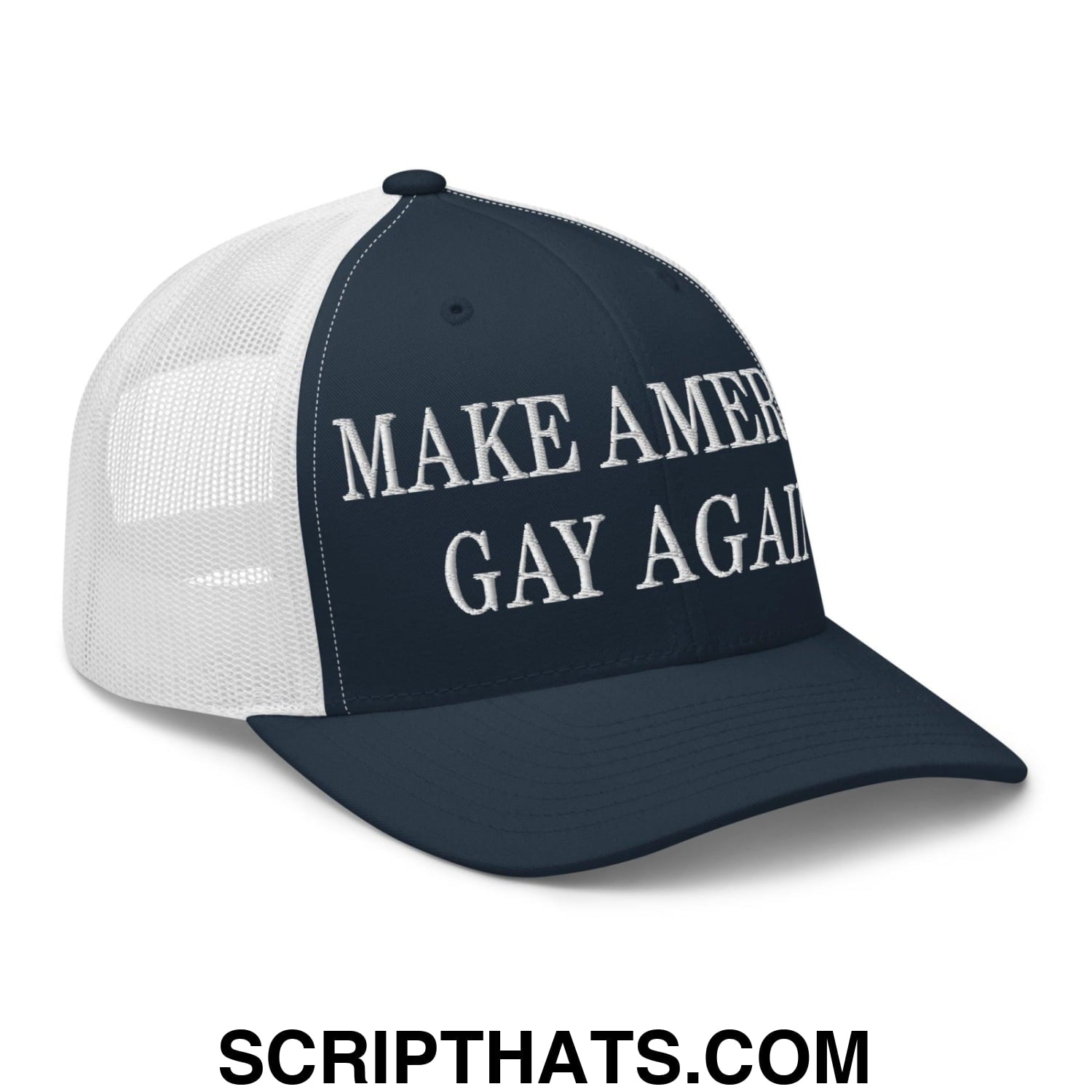 Make America Gay Again Embroidered Mesh Trucker Hat Navy White