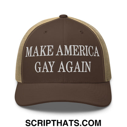 Make America Gay Again Embroidered Mesh Trucker Hat Brown Khaki