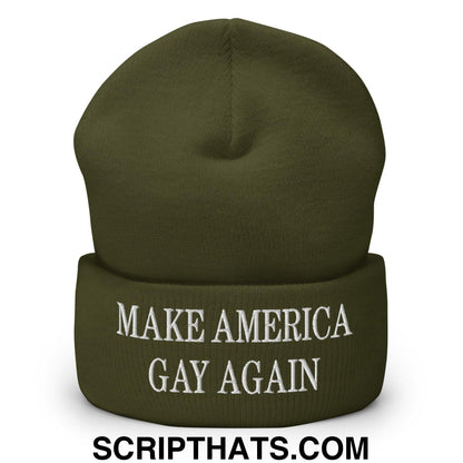 Make America Gay Again MAGA Embroidered Knit Cuffed Beanie Olive