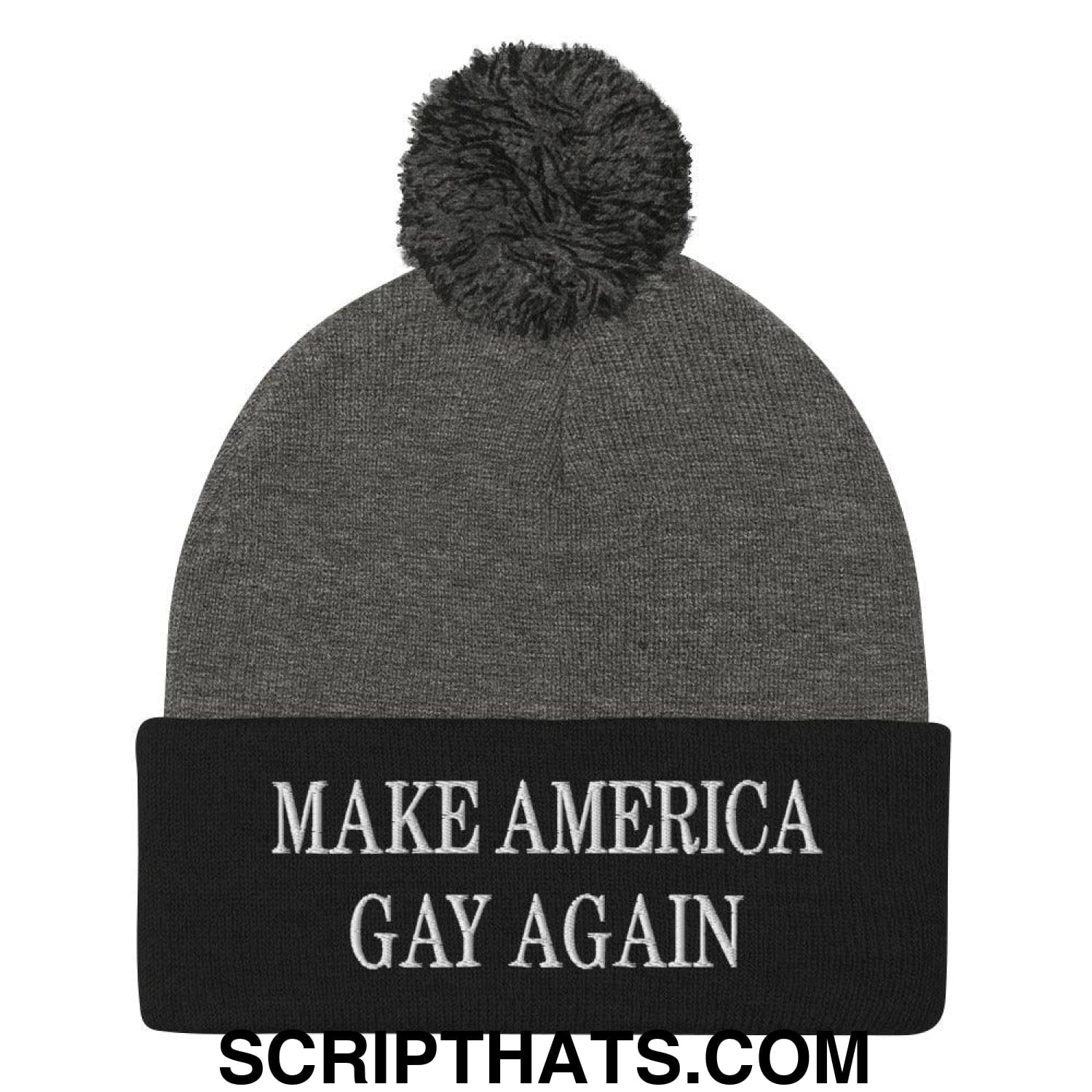 Make America Gay Again MAGA Embroidered Knit Pom Pom Beanie Dark Heather Grey Black