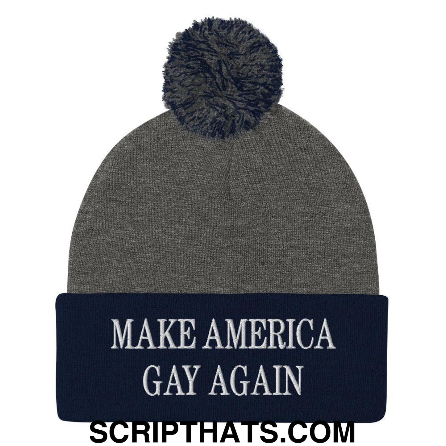 Make America Gay Again MAGA Embroidered Knit Pom Pom Beanie Dark Heather Grey Navy