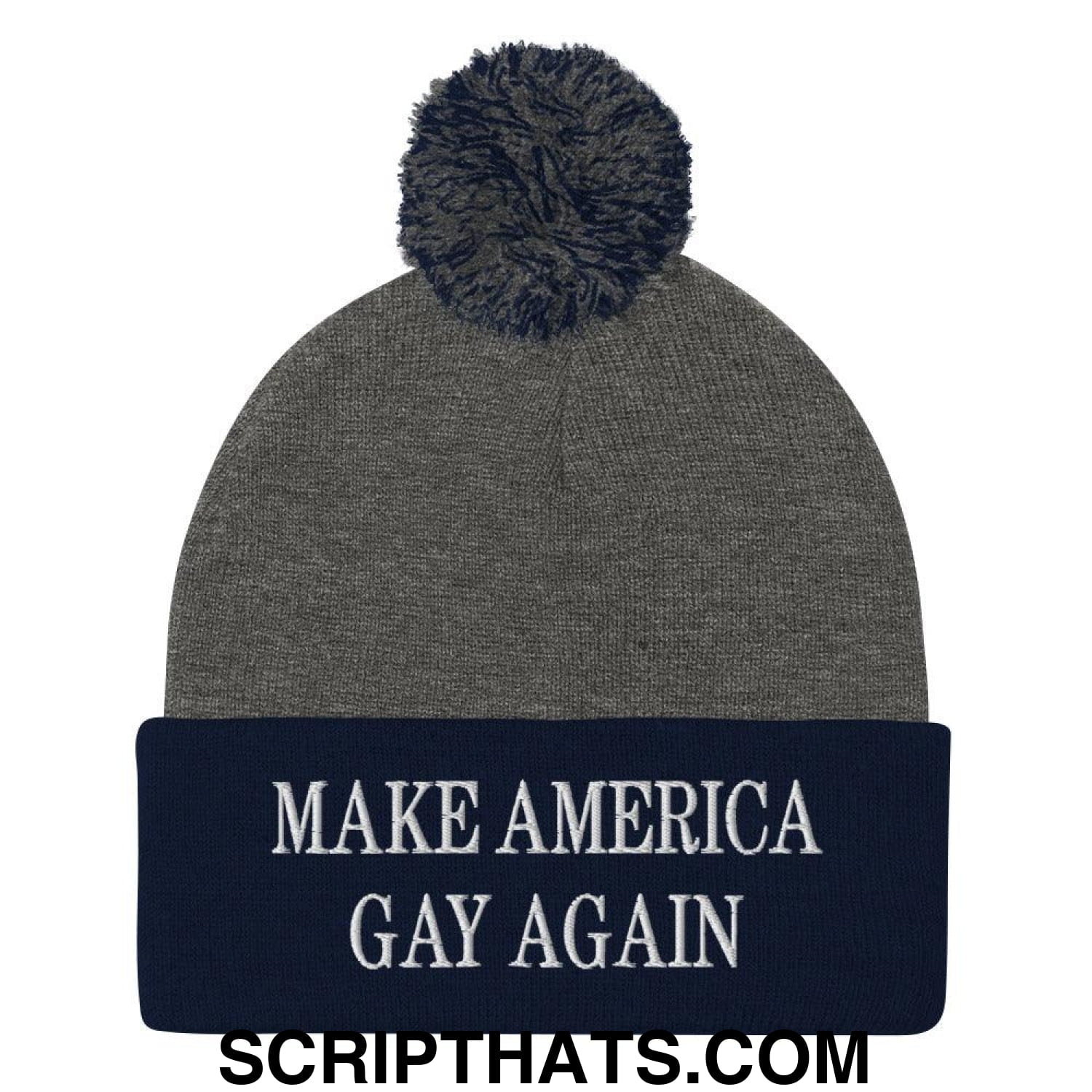 Make America Gay Again MAGA Embroidered Knit Pom Pom Beanie Dark Heather Grey Navy