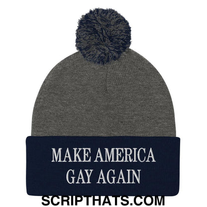 Make America Gay Again MAGA Embroidered Knit Pom Pom Beanie Dark Heather Grey Navy