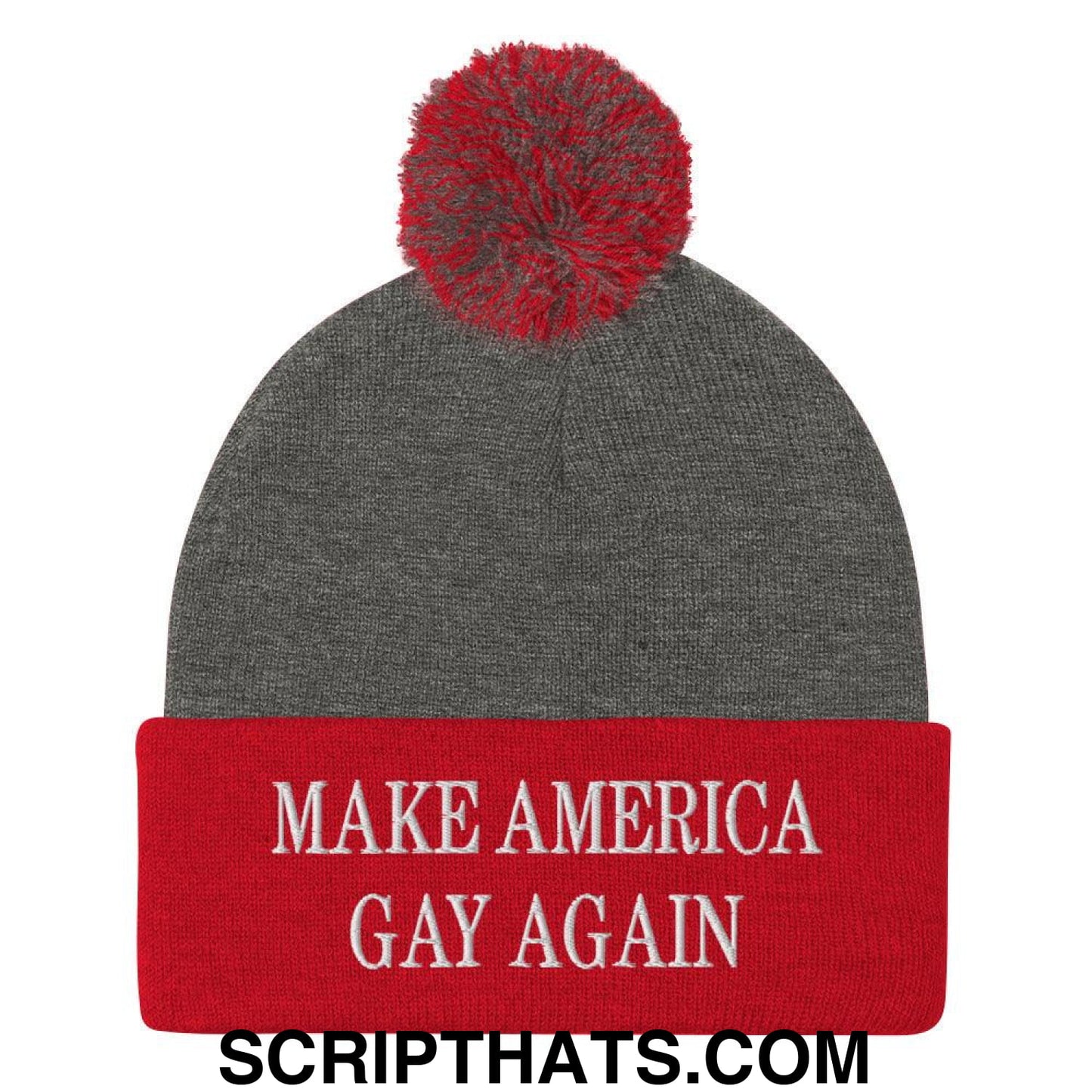 Make America Gay Again MAGA Embroidered Knit Pom Pom Beanie Dark Heather Grey Red