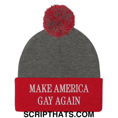 Make America Gay Again MAGA Embroidered Knit Pom Pom Beanie Dark Heather Grey Red