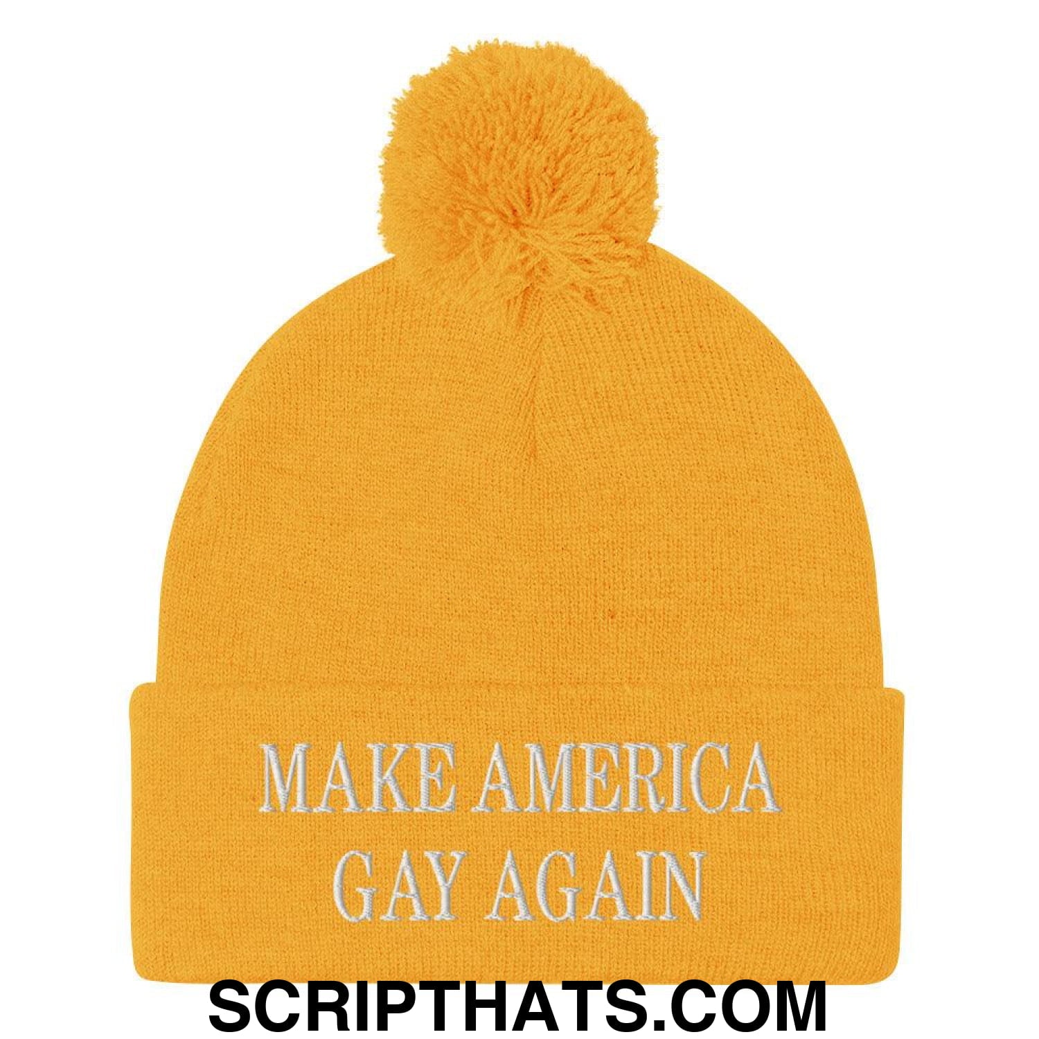 Make America Gay Again MAGA Embroidered Knit Pom Pom Beanie Gold