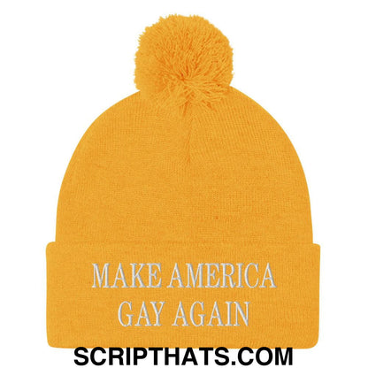 Make America Gay Again MAGA Embroidered Knit Pom Pom Beanie Gold