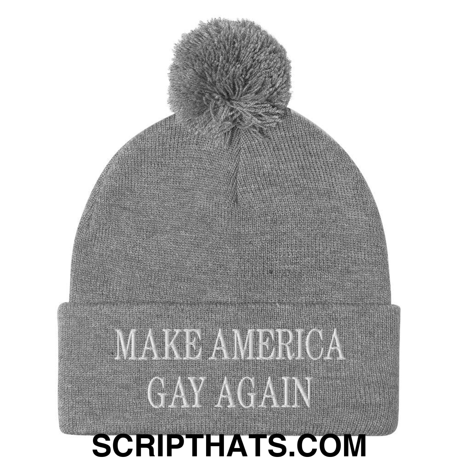 Make America Gay Again MAGA Embroidered Knit Pom Pom Beanie Heather Grey
