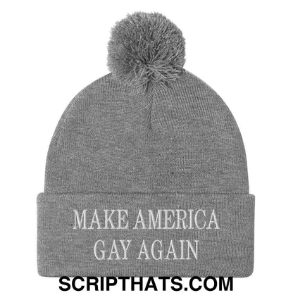 Make America Gay Again MAGA Embroidered Knit Pom Pom Beanie Heather Grey