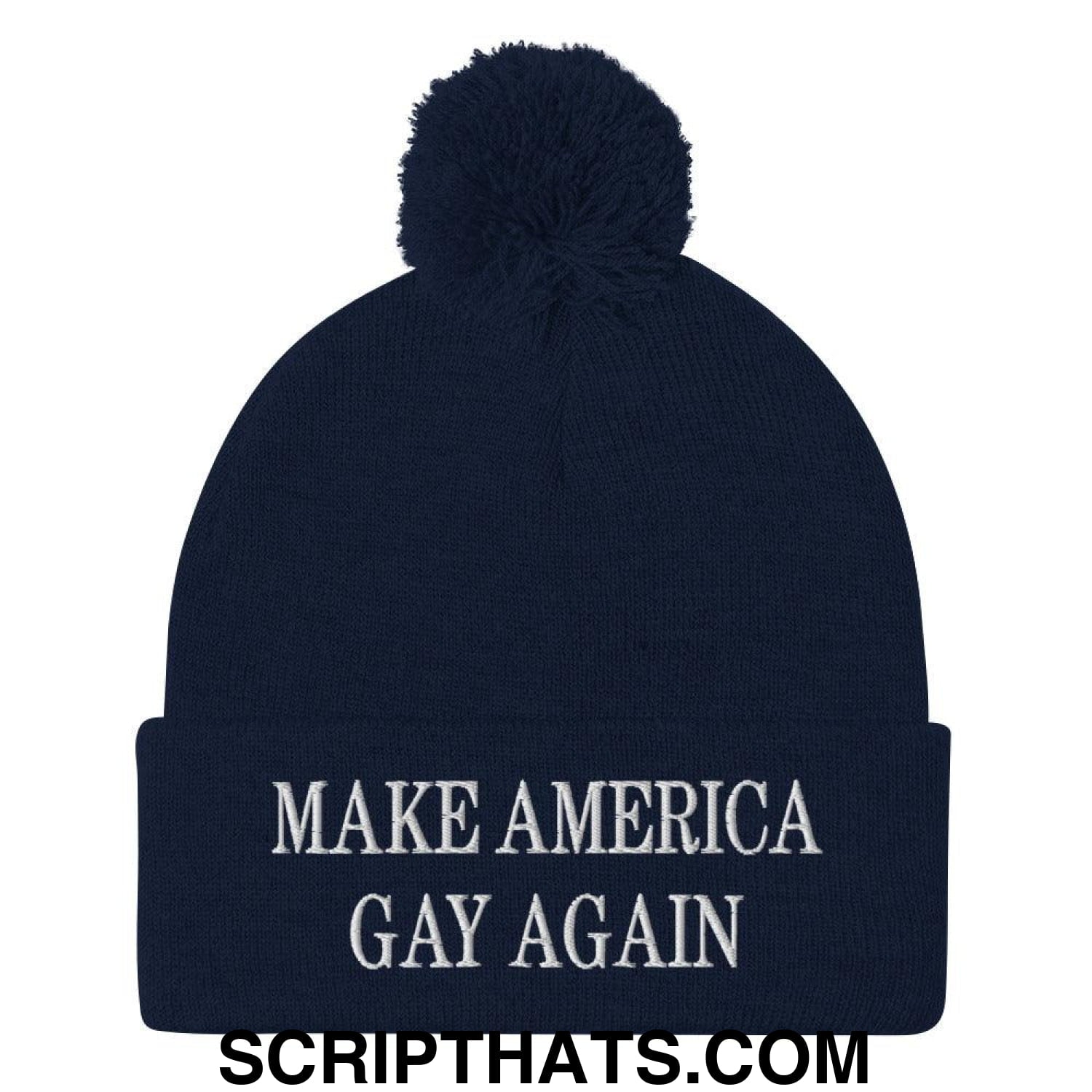 Make America Gay Again MAGA Embroidered Knit Pom Pom Beanie Navy