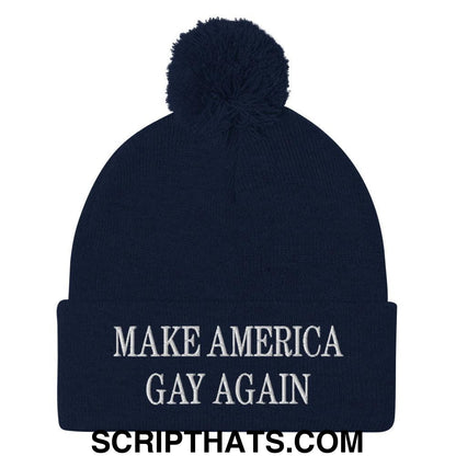 Make America Gay Again MAGA Embroidered Knit Pom Pom Beanie Navy