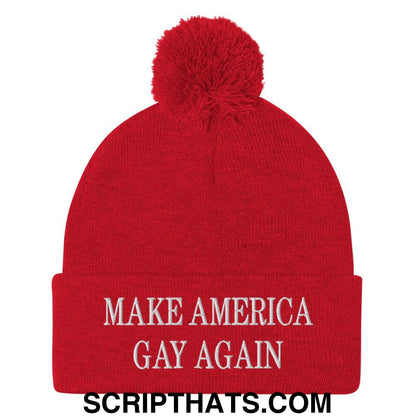Make America Gay Again MAGA Embroidered Knit Pom Pom Beanie Red