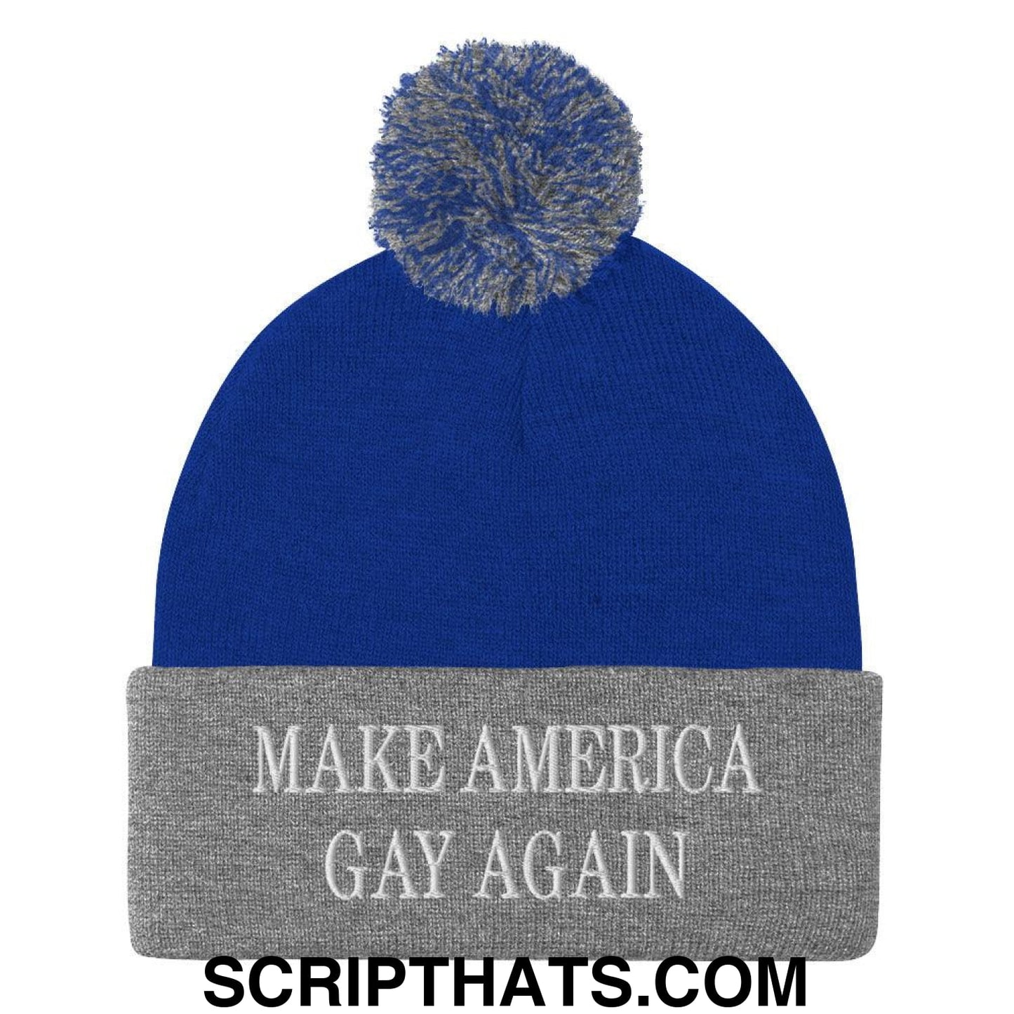 Make America Gay Again MAGA Embroidered Knit Pom Pom Beanie Royal Heather Grey