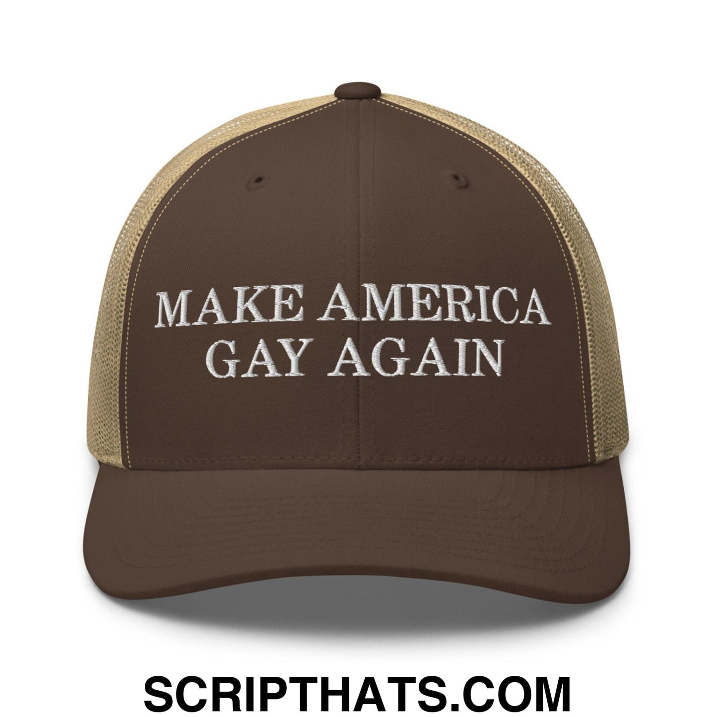 Make America Gay Again Pride MAGA Retro Trucker Hat Brown Khaki