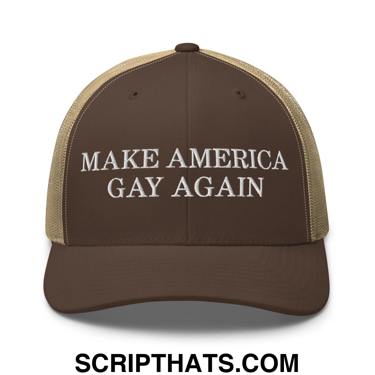 Make America Gay Again Pride MAGA Retro Trucker Hat Brown Khaki