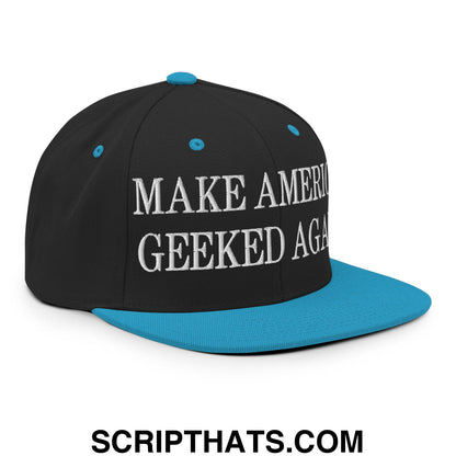 Black snapback cap with teal brim and button featuring white embroidered make america geeked again text