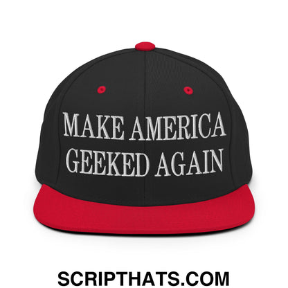 Black snapback cap with red brim and white embroidered make america geeked again text flat bill brim snapback hat