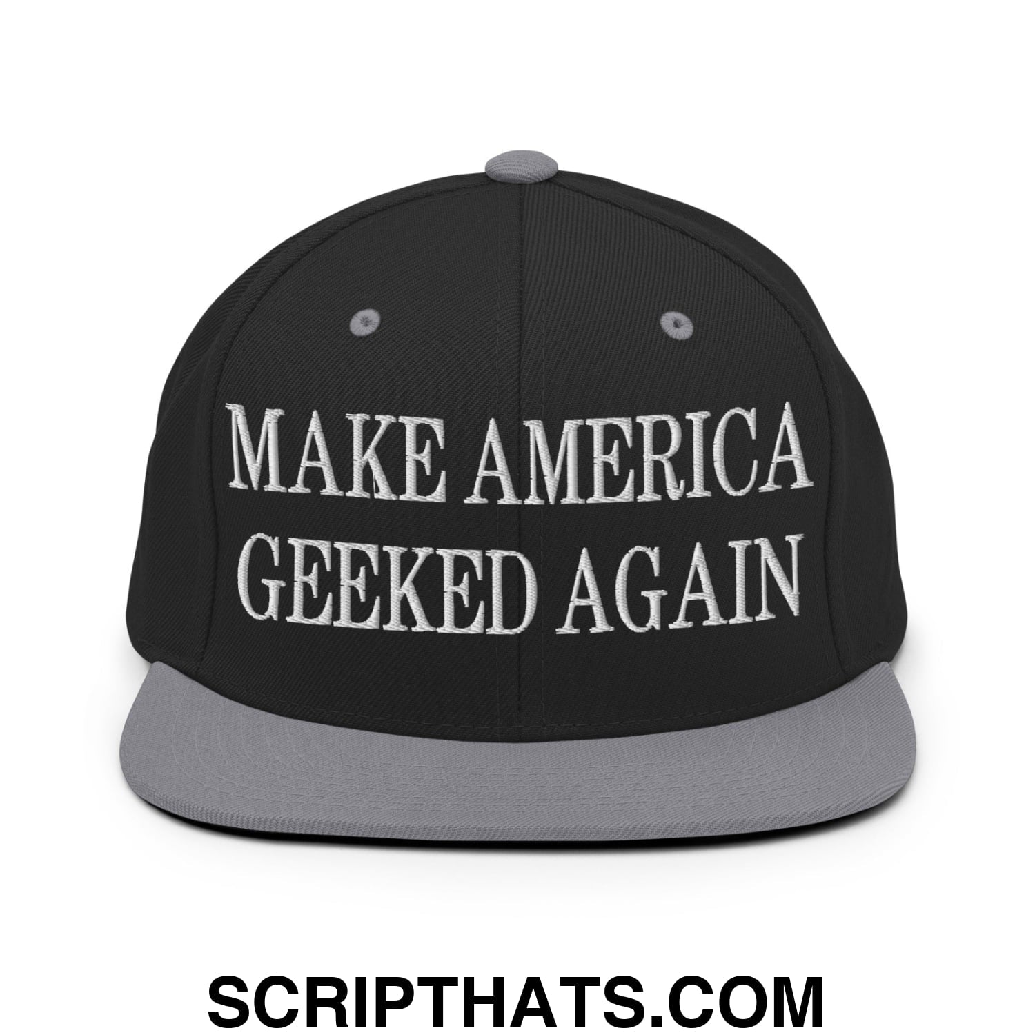 Black snapback cap with gray brim and button featuring white embroidered make america geeked again text
