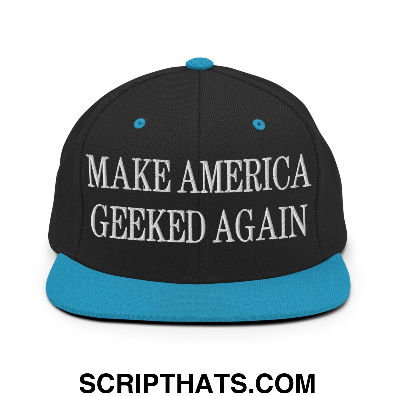 Black snapback cap with teal brim and white embroidered text make america geeked again flat bill brim hat