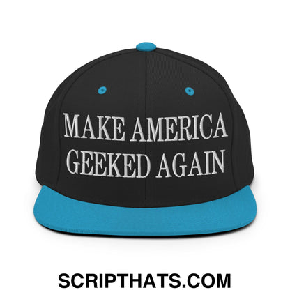 Black snapback cap with teal brim and white embroidered text make america geeked again flat bill brim hat