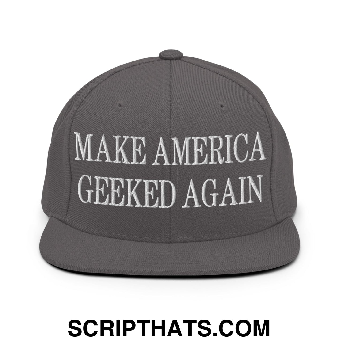 Gray flat bill brim snapback hat with white embroidered text reading make america geeked again for casual wear