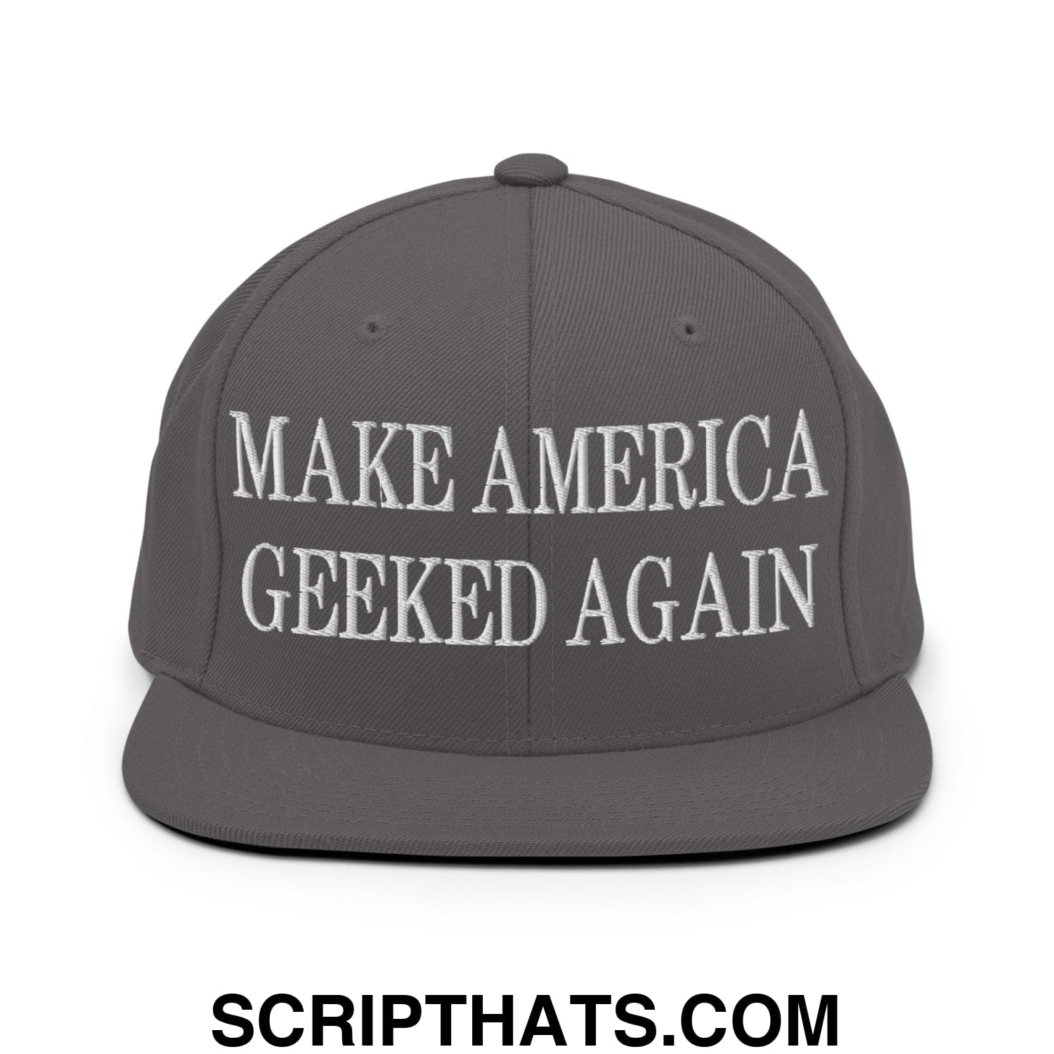Gray flat bill brim snapback hat with white embroidered text reading make america geeked again for casual wear