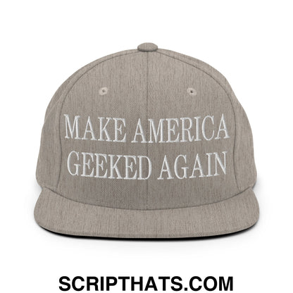 Gray flat bill brim snapback hat with white embroidered make america geeked again text for casual wear