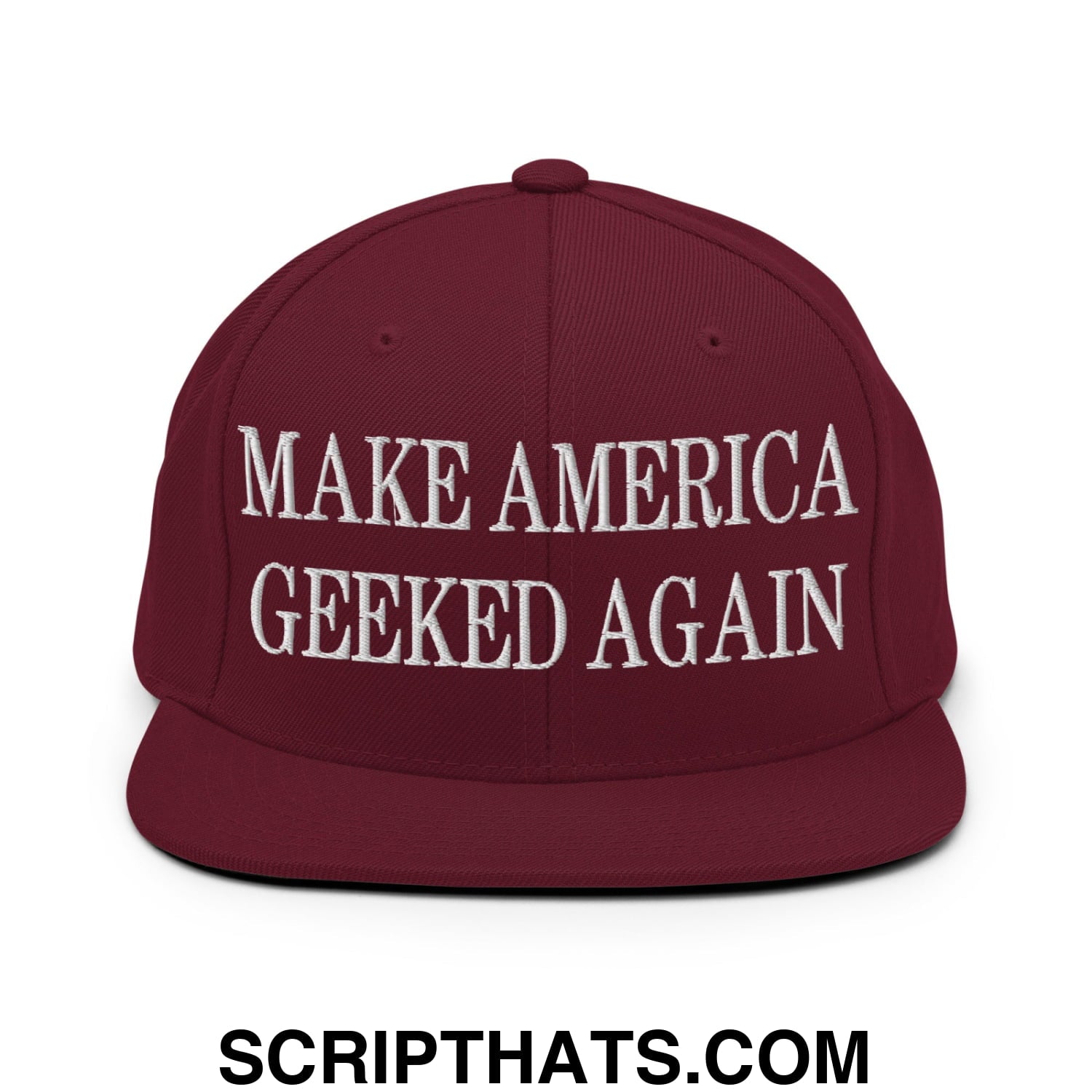Maroon flat bill snapback hat with white embroidered make america geeked again text for casual wear