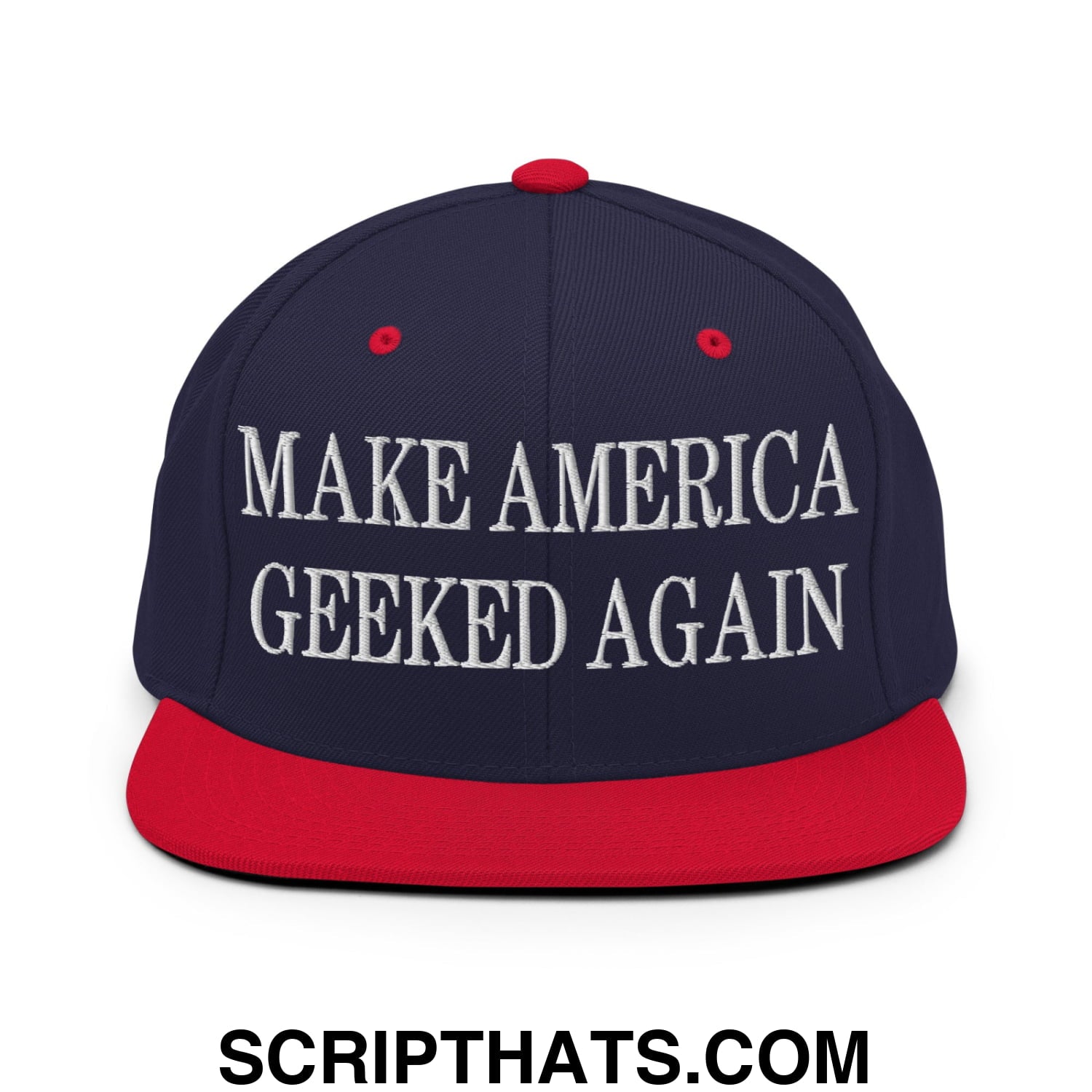 Navy blue and red snapback hat with white embroidered make america geeked again text on flat bill brim