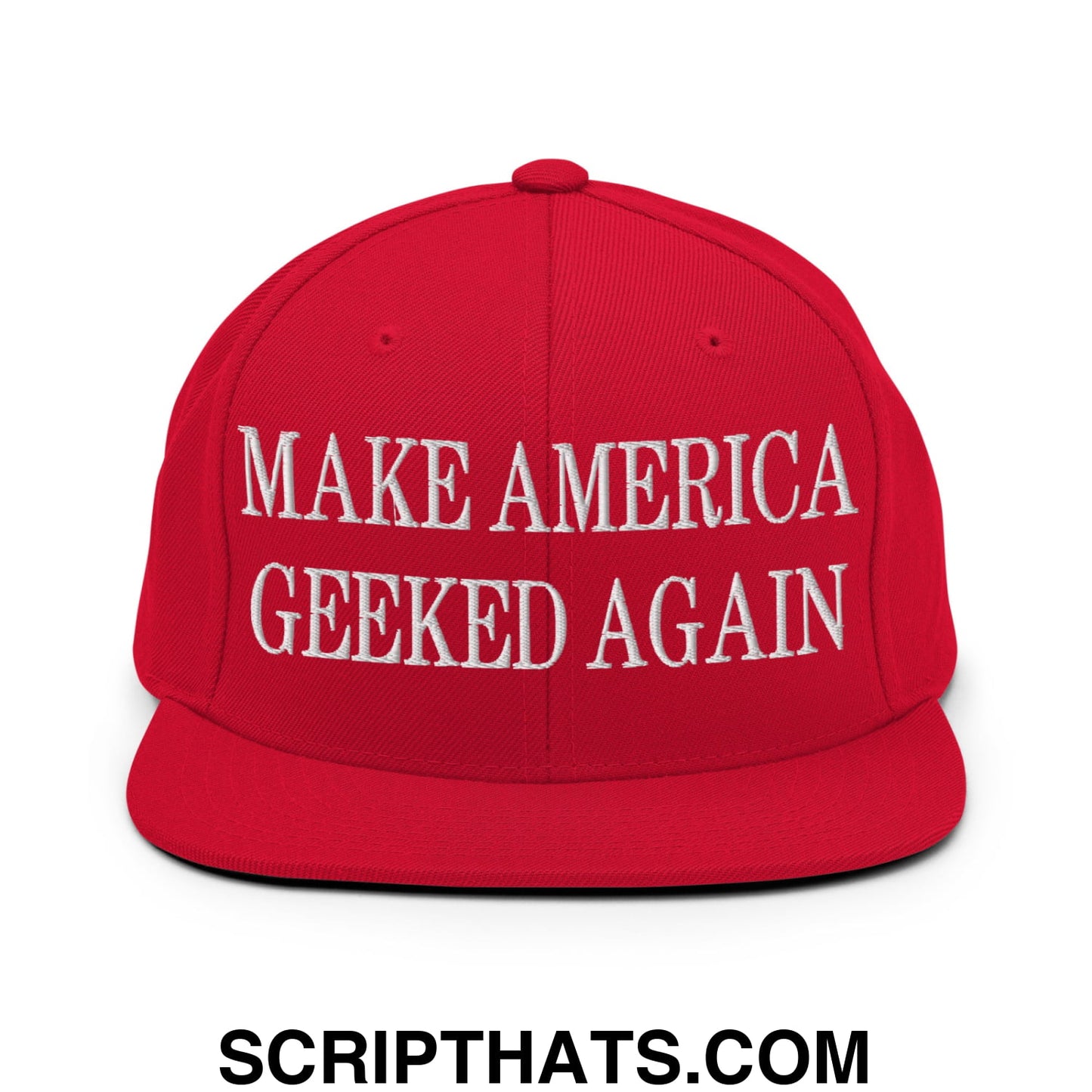 Red snapback cap with white embroidered make america geeked again text and flat bill brim for casual wear