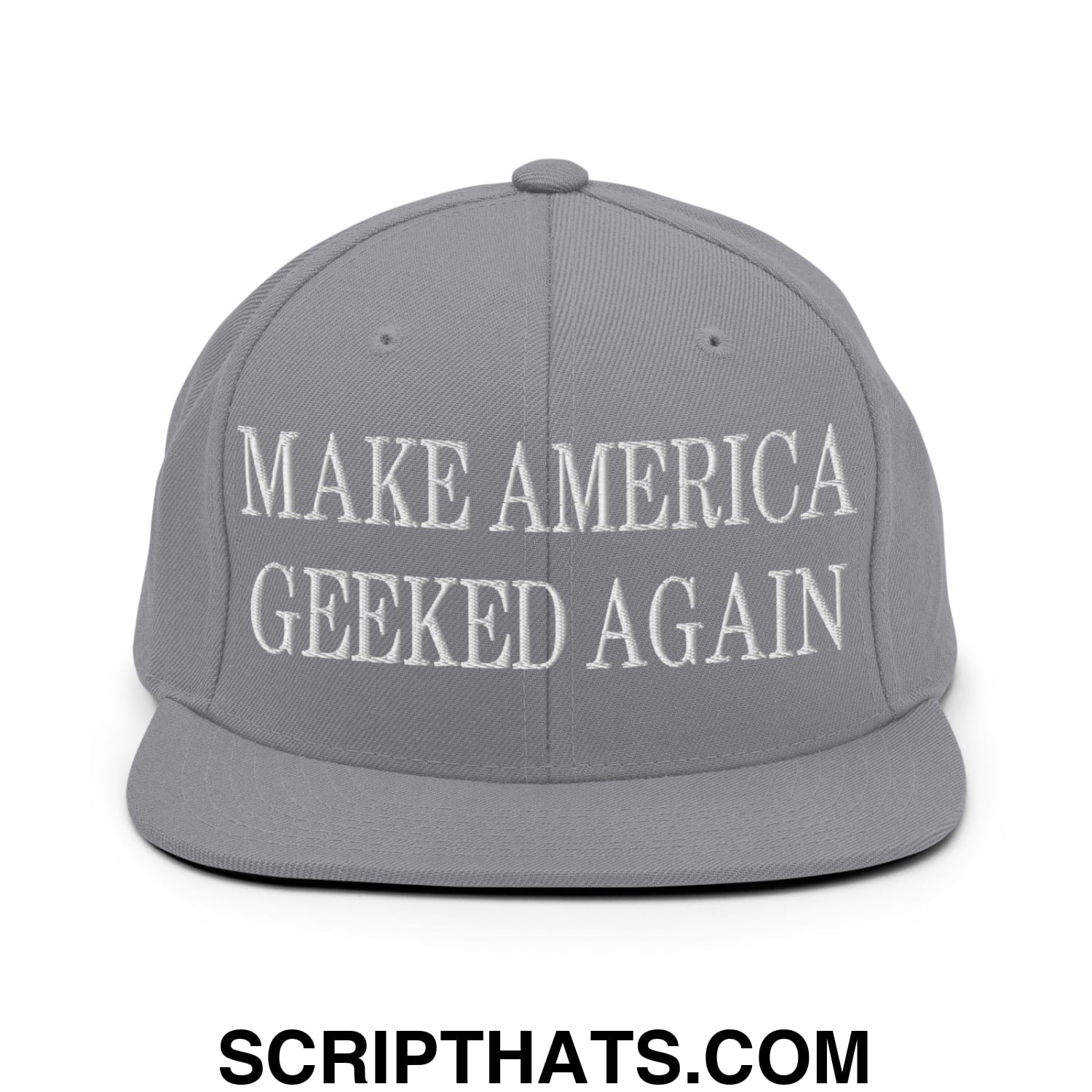 Gray flat bill brim snapback hat with white embroidered make america geeked again text in a casual style