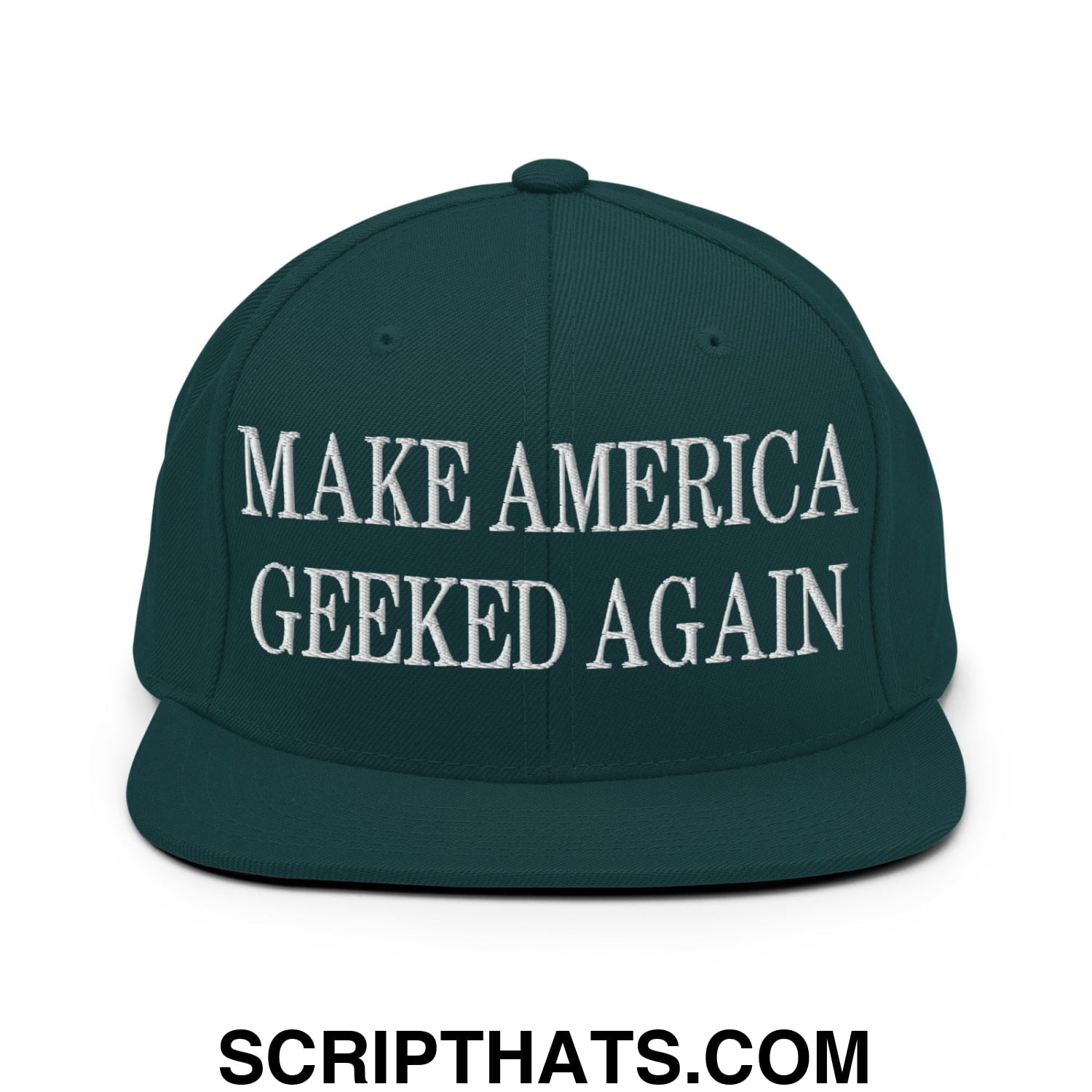 Dark green flat bill snapback hat with white embroidered text make america geeked again for casual wear