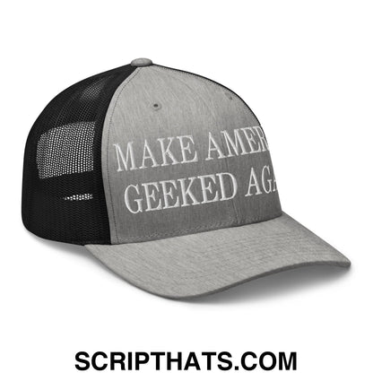 Gray and black mesh trucker hat with white embroidered make america geeked again text on front panel