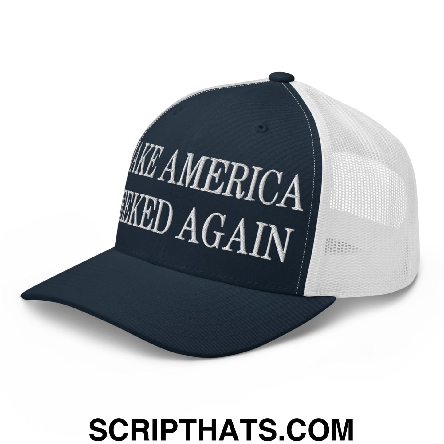 Navy blue and white mesh trucker hat with embroidered make america great again text in silver thread