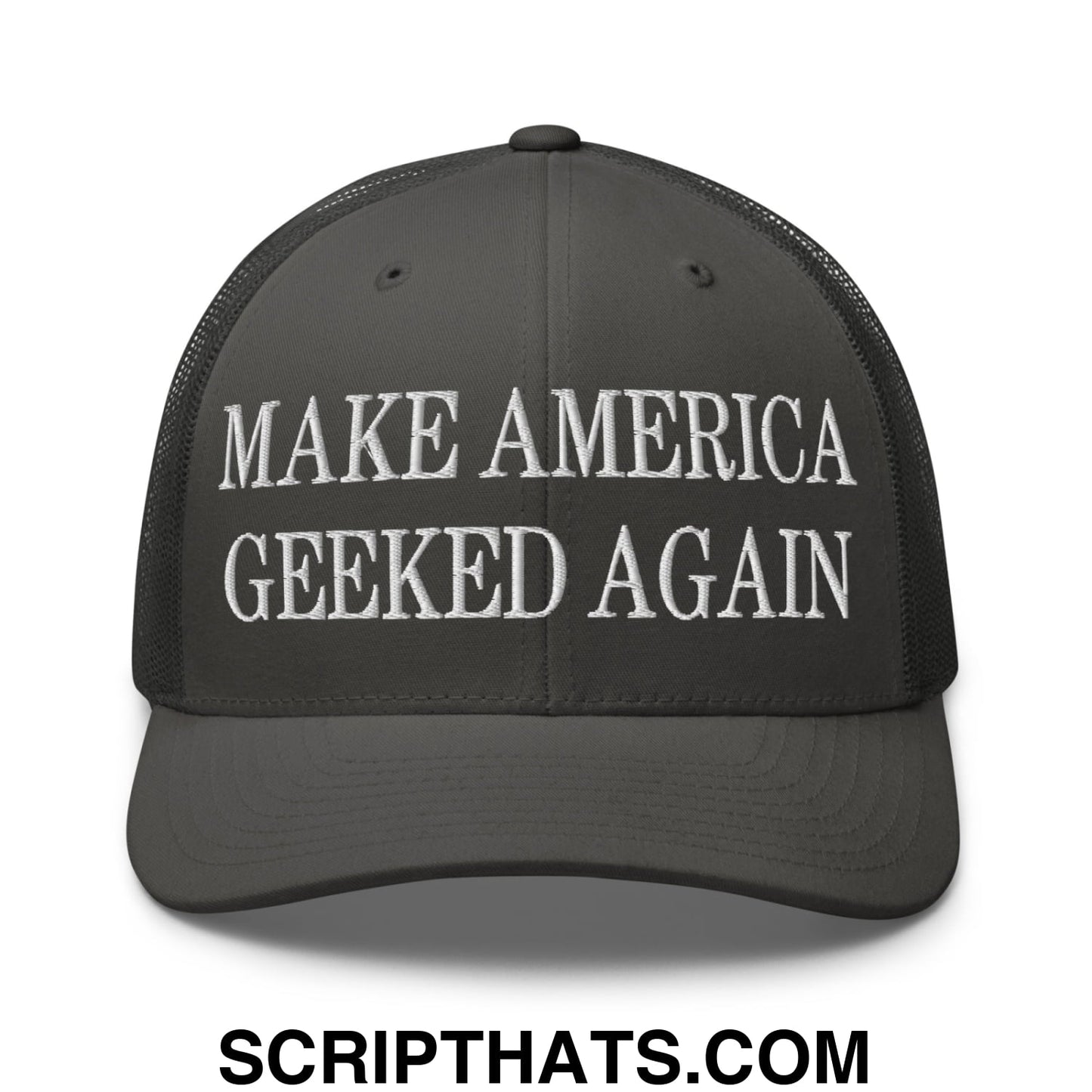 Black mesh embroidered trucker hat with white make america geeked again text on front panel