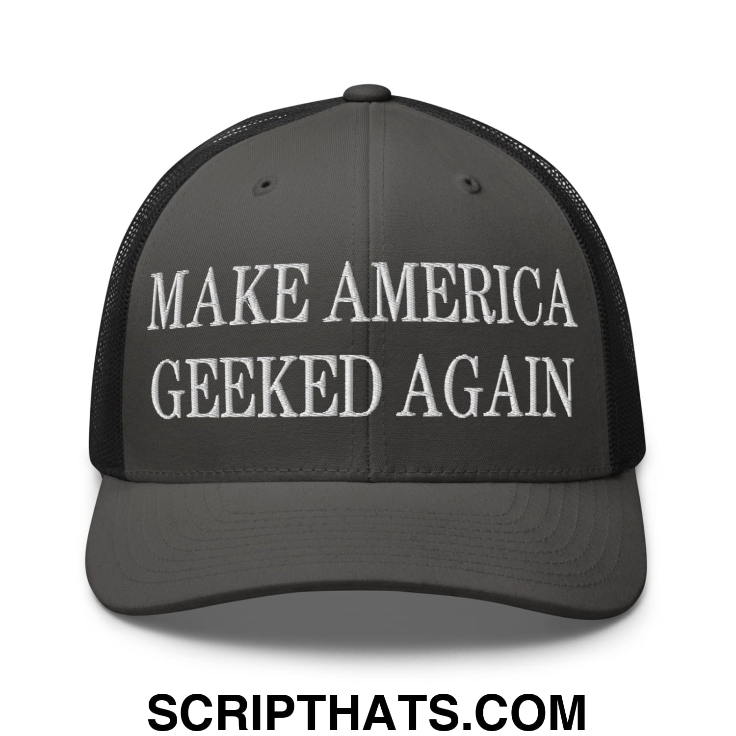 Dark gray mesh trucker hat with white embroidered text make america geeked again on the front panel