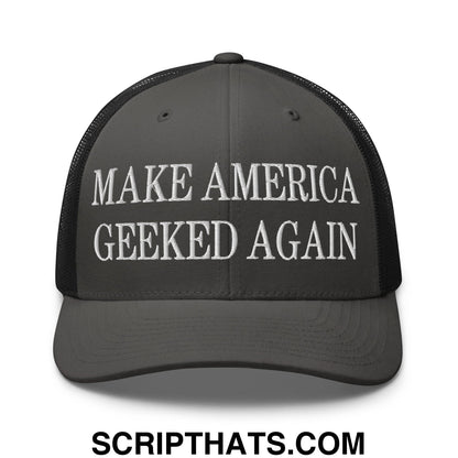 Dark gray mesh trucker hat with white embroidered text make america geeked again on the front panel