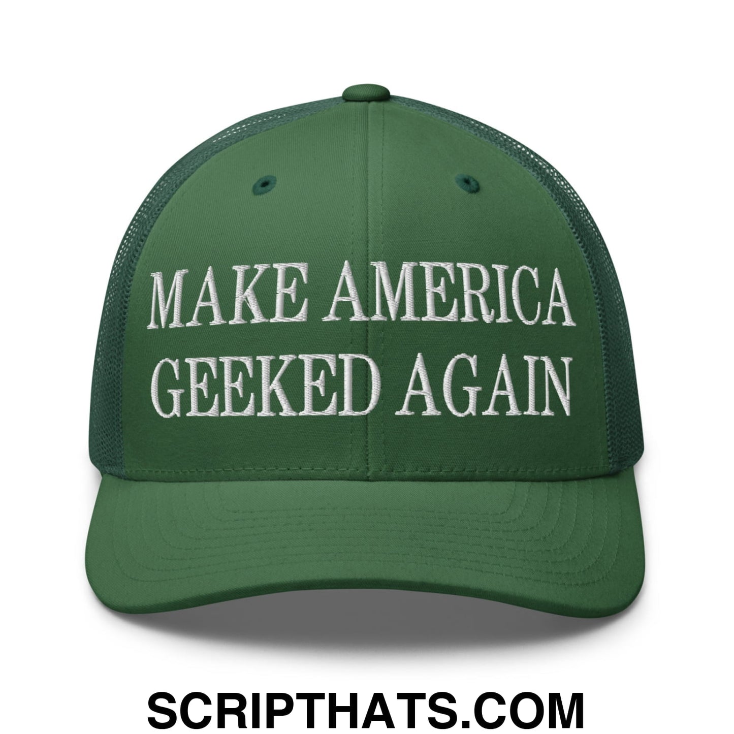 Green mesh trucker hat with white embroidered text make america geeked again on the front panel
