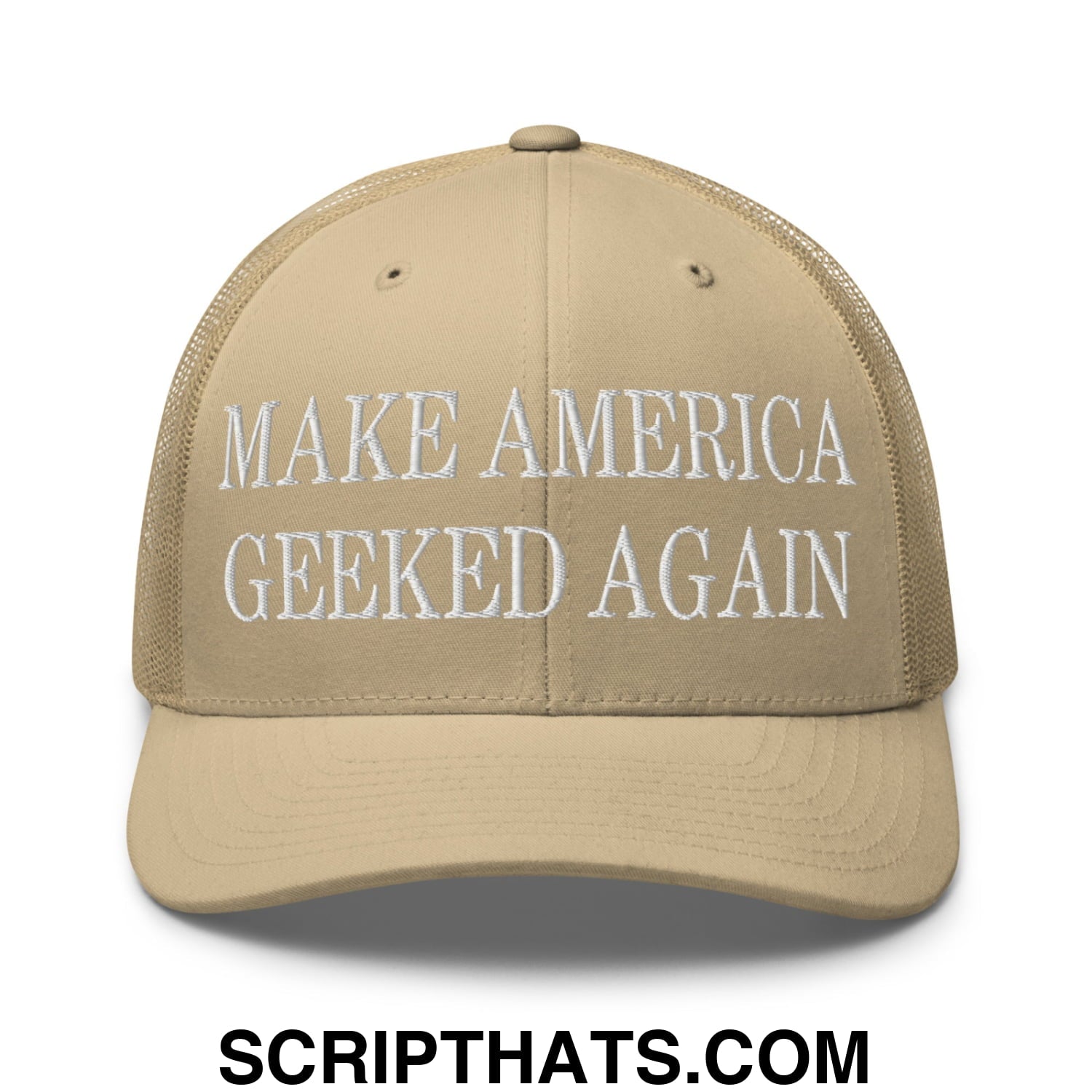Beige mesh trucker hat with white embroidered make america geeked again text across the front panel