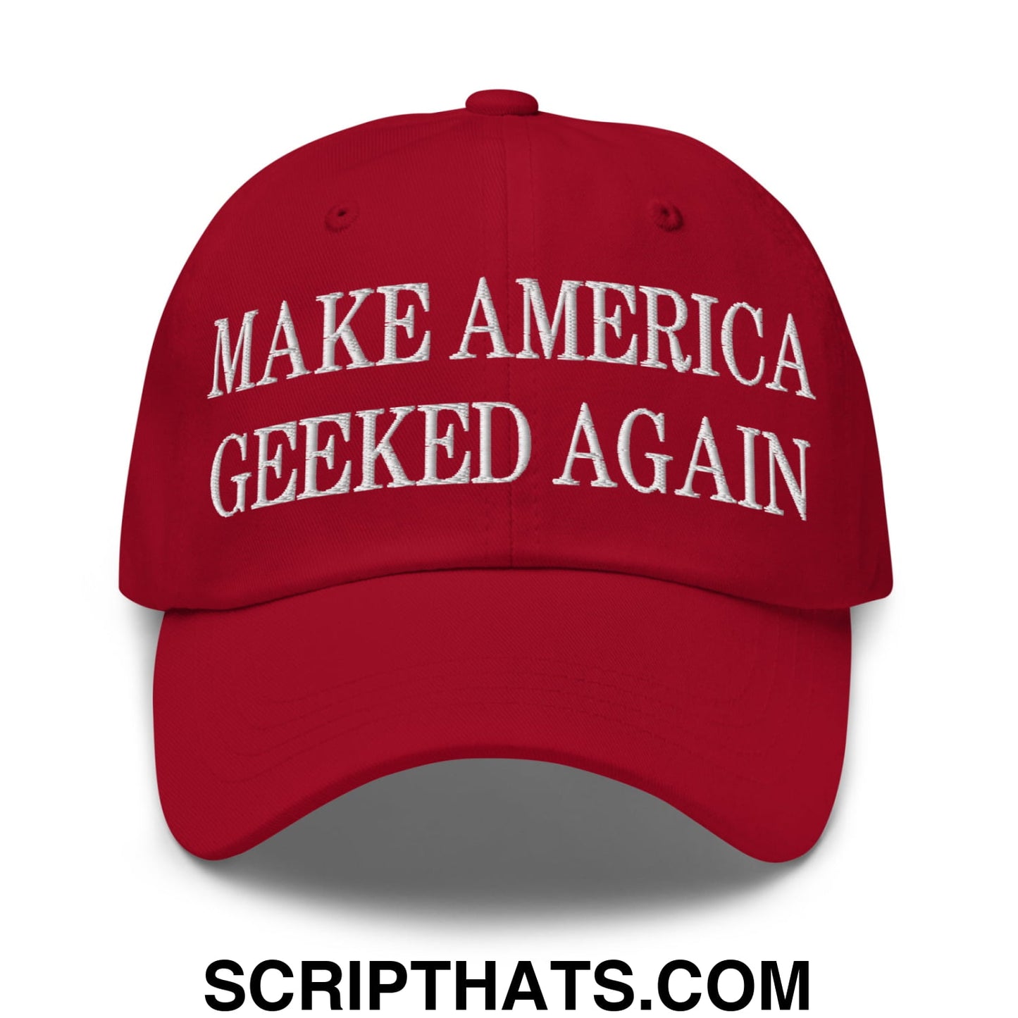 Red embroidered unstructured dad hat with white make america geeked again text for casual wear