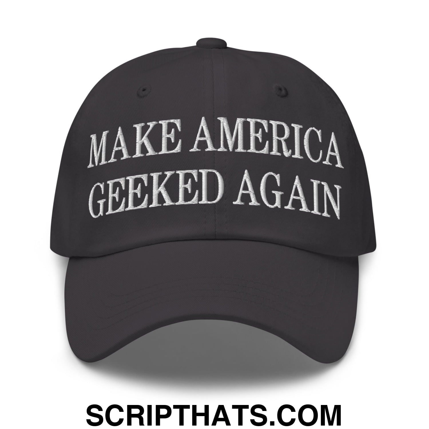 Black embroidered unstructured dad hat with white make america geeked again text for casual wear