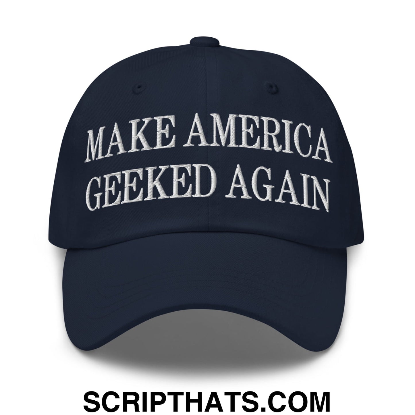 Navy blue unstructured dad hat with white embroidered make america geeked again text in casual cotton material