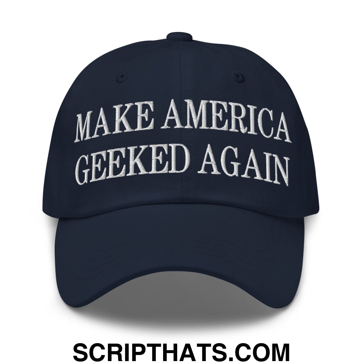 Navy blue unstructured dad hat with white embroidered make america geeked again text in casual cotton material
